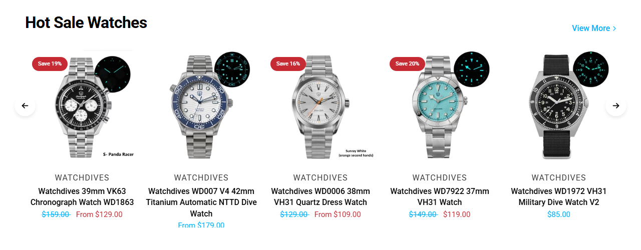 Screenshot of the Hot Sale Watches row on watchdives.com with prices from $85 to $179